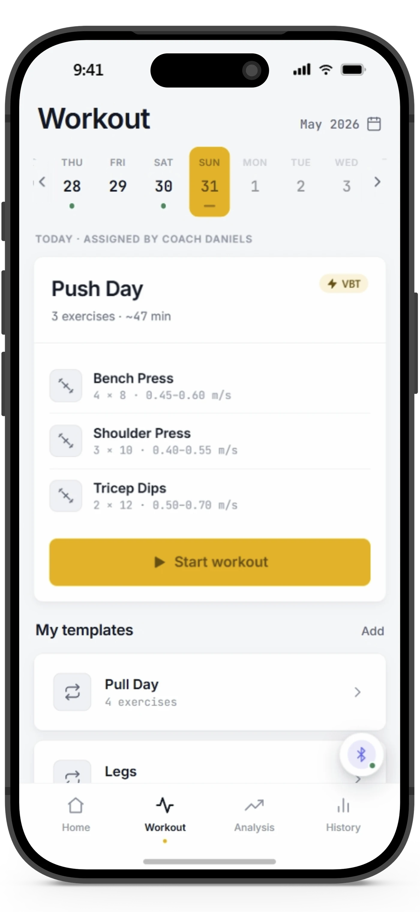Veiss app: today’s prescribed session