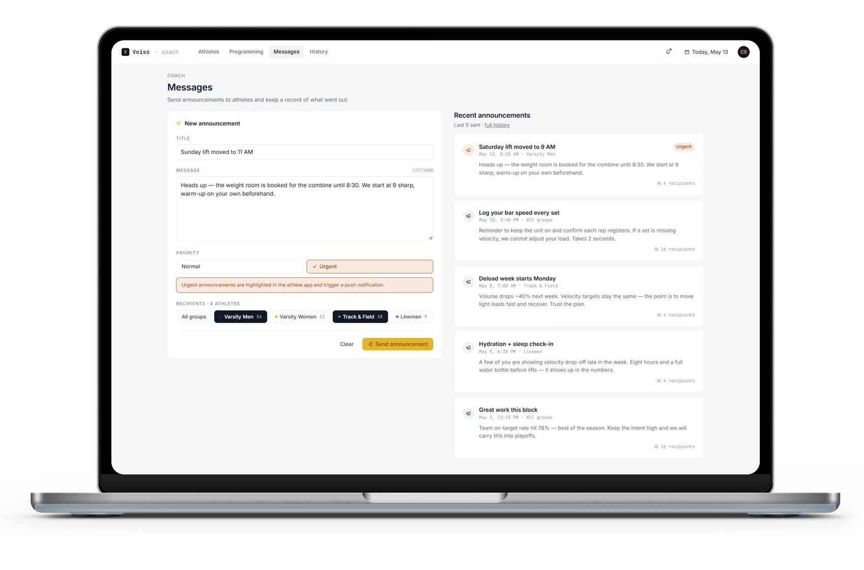 Veiss coach dashboard: team announcements